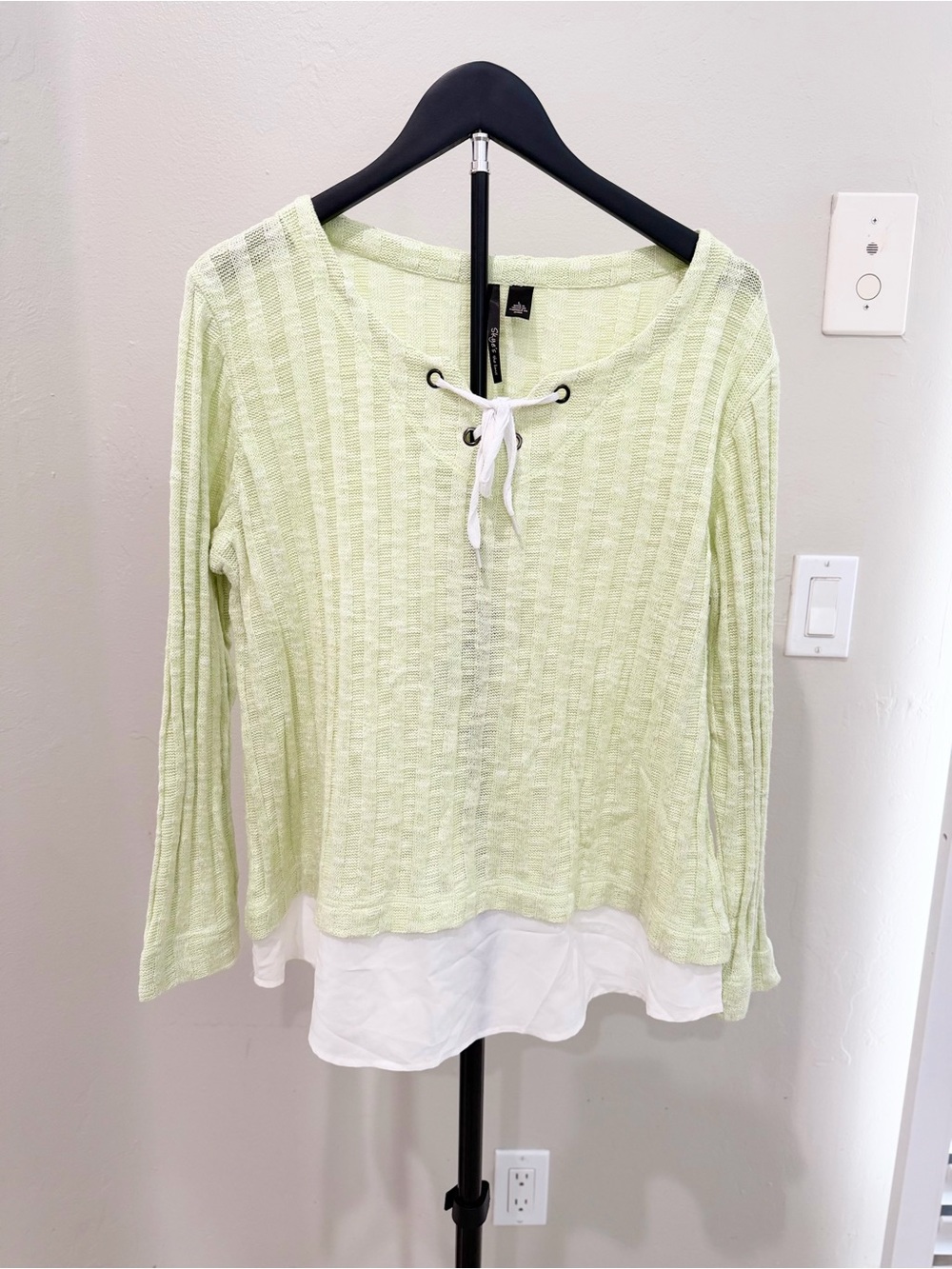 Skye's the Limit Light Green Knit Lace-Up Layered Hem Top Boho Y2K Cottagecore